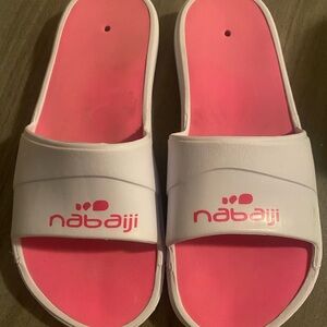 Women's Pink and White Slide Sandals